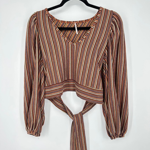 Free People Autumn Night Stripe V Neck Long Sleeve Crop Tie Back Top Hippy Boho - Picture 4 of 8
